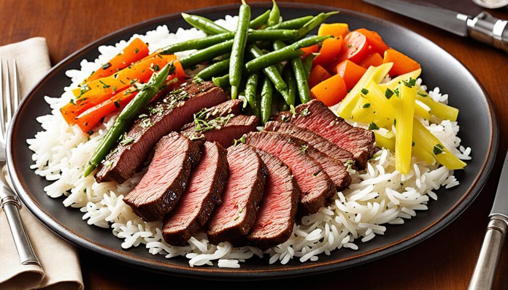 sizzling beef and rice platter